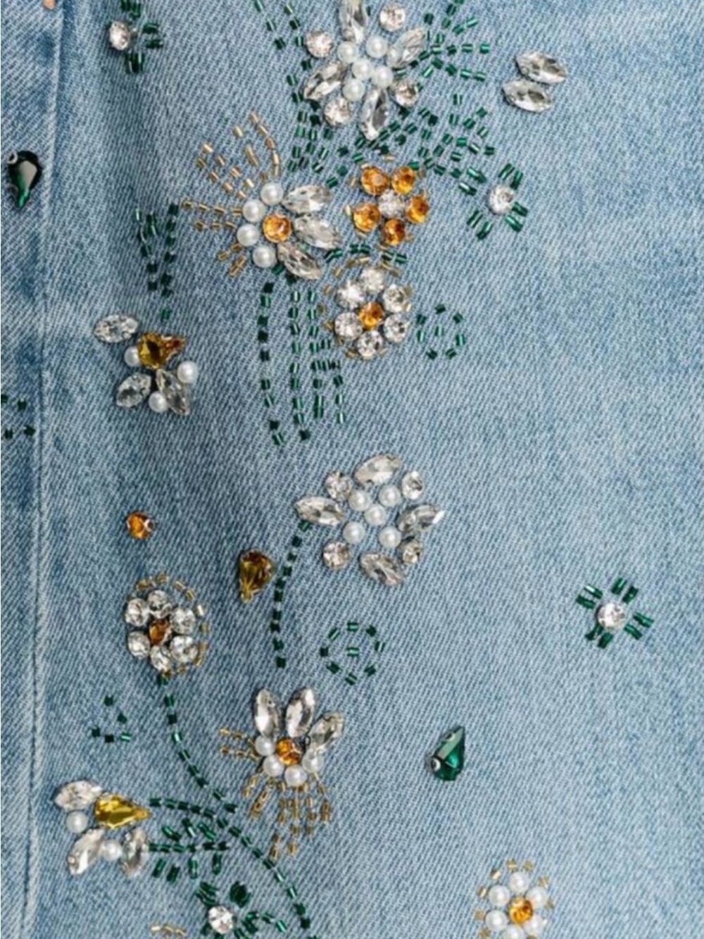 Zara Light Blue High-Rise Jeans with Crystal & Green Embroidered Floral Accents